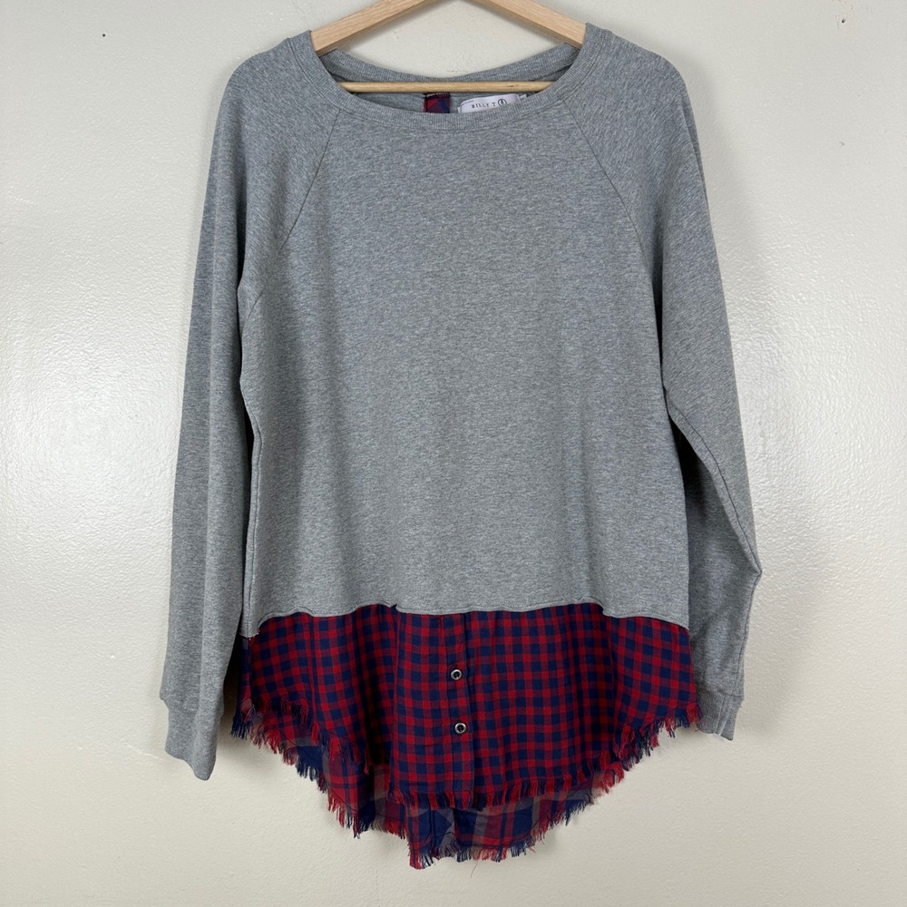 Billy T Women's M Sweatshirt‎ Gray Plaid Mixed Media Frayed Hem Button Back